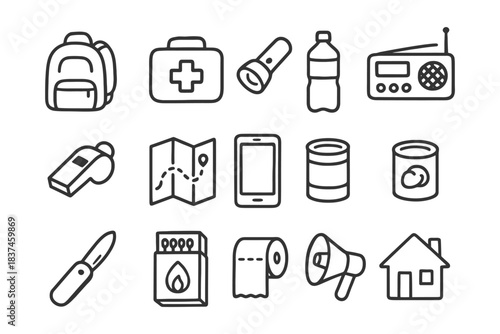 Essential emergency kit icons: backpack, first aid, flashlight, water, radio, map, food.