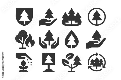 Environment conservation icons: trees, hands, nature symbols for sustainability.