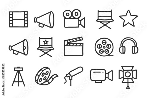 Hand-drawn film and cinema icons: directors chair, film reel, megaphone, camera, clapperboard.