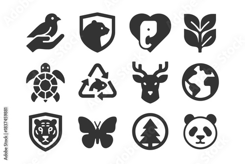 Animal and nature conservation icons collection in monochrome style.