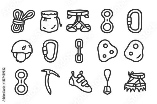 Climbing gear icons set: ropes, harness, chalk bag, carabiners, helmet, ice axe, shoes, crampons.