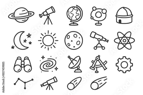 Astronomy icons set featuring telescope, planet, moon, and stars.