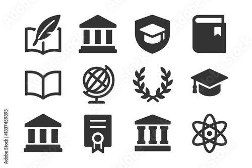Educational icons set: school, graduation, academic symbols including book and globe.