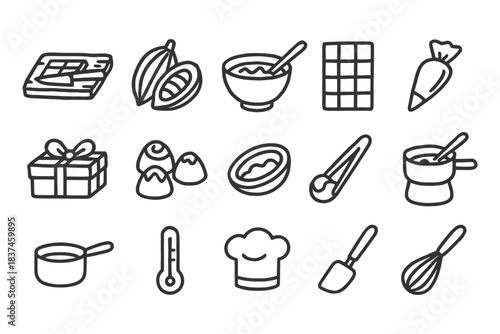 Hand-drawn chocolate making icons set with baking tools and ingredients.