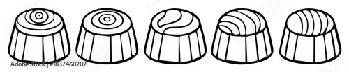 Five assorted black and white outline illustrations of chocolate bonbons candy desserts