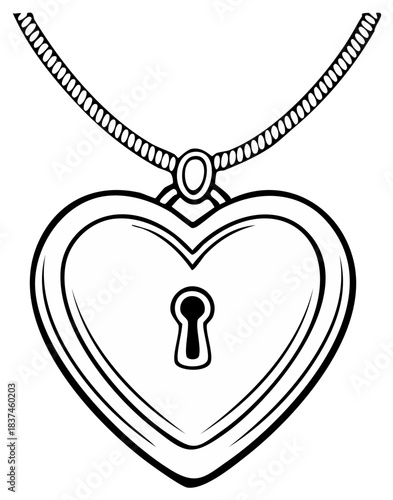 Romantic heart locket padlock with keyhole on chain black white line art