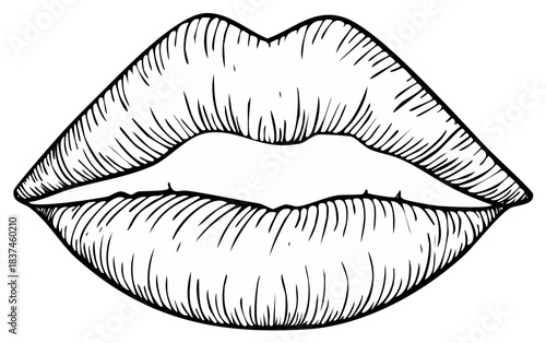 Hand drawn female lips in a vintage engraving style. Black and white line art sketch of a sensual mouth.