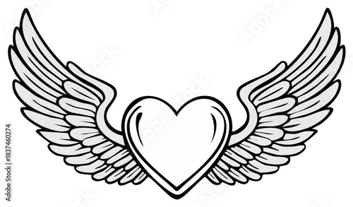 Winged heart with angel wings vector illustration simple black and white line art icon