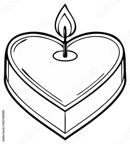 Outline illustration: Heart-shaped candle with flame for romance, love, or meditation purposes in bold black and white.