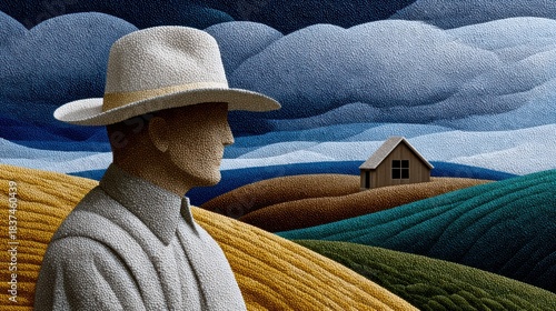 american regionalism, an american regionalism painting depicts a stoic family in front of their sod house on the kansas plains, with stylized hills and wheat fields, a windmill, and muted earthy