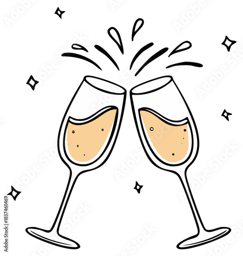 Two Champagne Glasses Clinking in a Festive Toast Hand Drawn Doodle Illustration