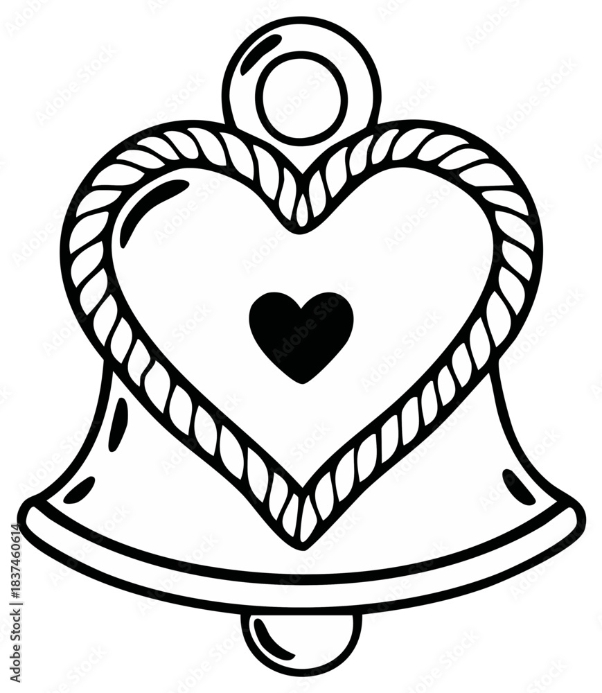 Obraz premium Romantic bell with a heart symbol and rope border line art illustration