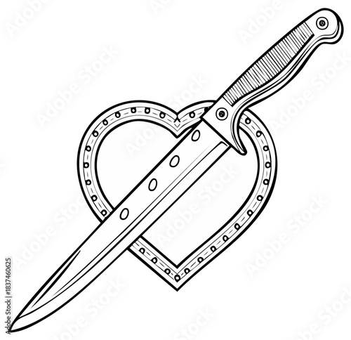 Stylized dagger piercing a decorative heart with rivet details in black and white line art illustration