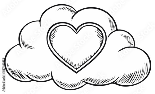 Sketch of a Heart Nestled in Clouds Depicting Love and Romance