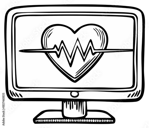 Hand drawn computer monitor displaying heart and heartbeat line doodle art