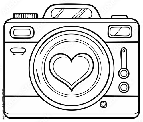 Stylized drawing of a vintage camera with a heart symbol on the lens representing a passion for photography