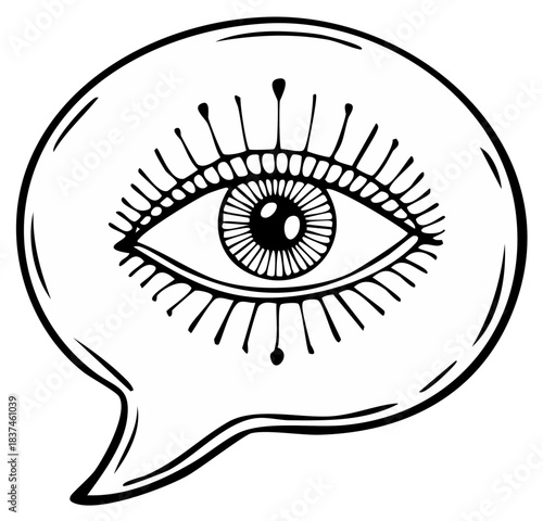 Eye in Speech Bubble Illustration Hand Drawn Black and White Symbol Graphic Style