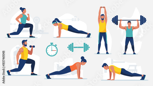 Dynamic fitness group performing diverse exercises in modern, active setting