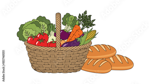 Abundant basket overflows with fresh garden vegetables alongside crusty artisan bread loaves