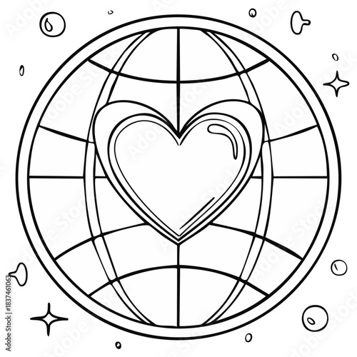 Line art heart over a globe symbolizing global love unity peace and connection