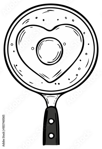 Doodle style heart shaped fried egg in a frying pan breakfast illustration