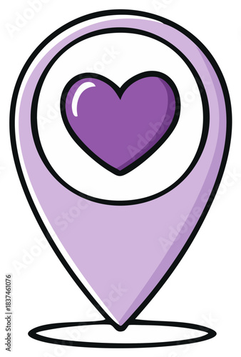 Purple Location Pointer with Heart Symbol for Loving Places and Dating Apps