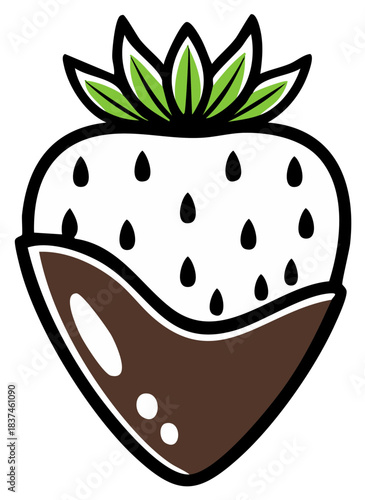 Chocolate dipped strawberry with green leaves and black seeds cartoon illustration