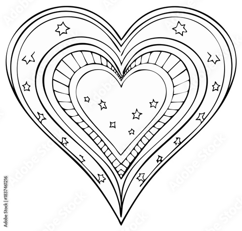 Decorative Hand Drawn Heart Outline with Whimsical Stars and Inner Patterns for Coloring