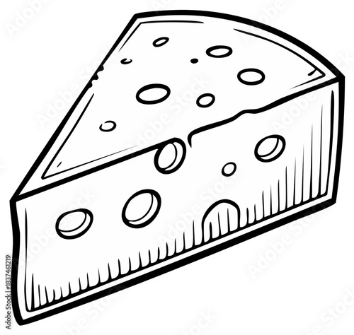 Hand drawn wedge of Swiss cheese with holes. Black and white line art vector illustration.