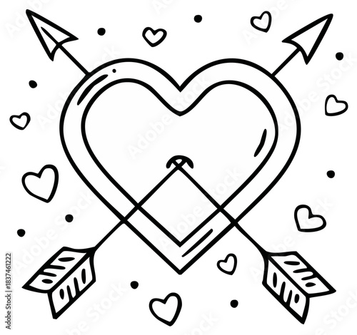 Romantic Heart pierced by Cupid Arrows surrounded by small hearts and dots in a whimsical sketch style for love and Valentines Day celebrations