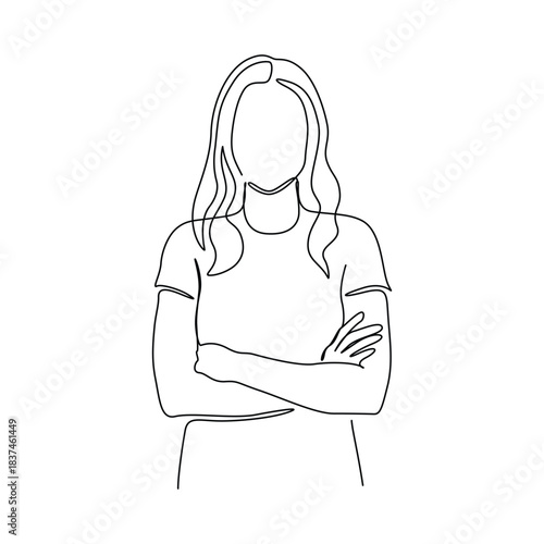  Single line drawing shows woman standing with crossed arms. Modern outline art for business branding, graphic design, and lifestyle concepts. Clean vector format