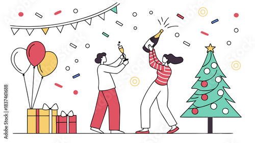 Happy birthday girl card with cartoon children having fun at a winter party celebration with a gift box and fashion hats