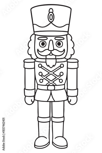 Christmas coloring page for kids featuring nutcracker soldier in uniform, perfect for festive holiday activities. black outline on white background, vertical orientation
