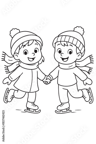 Christmas coloring page for kids with two children ice skating, wearing winter clothes, hats, and scarves, for holiday coloring fun. black outline, isolated on white background. vertical