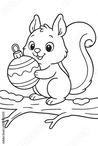 Christmas coloring page for kids featuring cute squirrel holding ornament on branch, winter holiday activity for children. black outline, isolated on white background. vertical