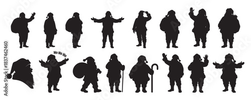 Black silhouette set of santa claus poses and hat isolated on white background. concept of christmas, holiday spirit, festive season, decoration, icon, design element