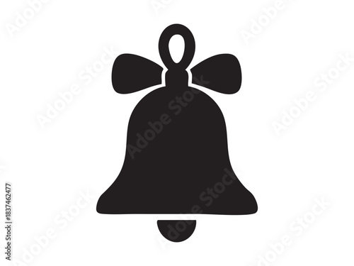 Black silhouette of a christmas bell with ribbon isolated on white background. concept of holiday decor, festive season, icon, minimalist art, design element for cards