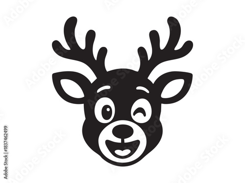 Black silhouette of winking reindeer with antlers, isolated on white background. concept of christmas, holiday decor, festive icon, cute cartoon animal, winter celebration