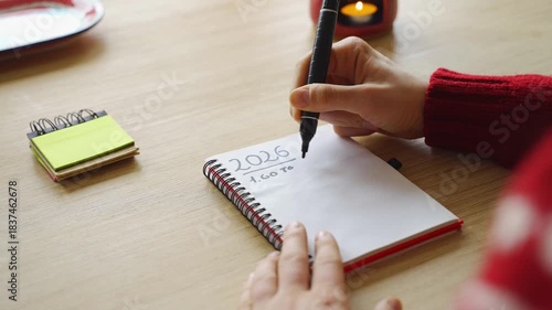 New year's resolutions. Hand starting 2026 goals indexed list in notebook