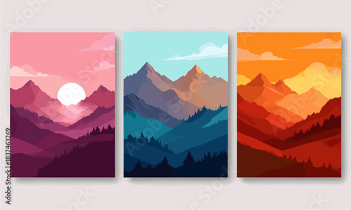 A set of three vertical flat vector illustration banners depicting mountain landscapes during different times of day, including pink sunset, blue twilight, and fiery orange sunrise over pine forests