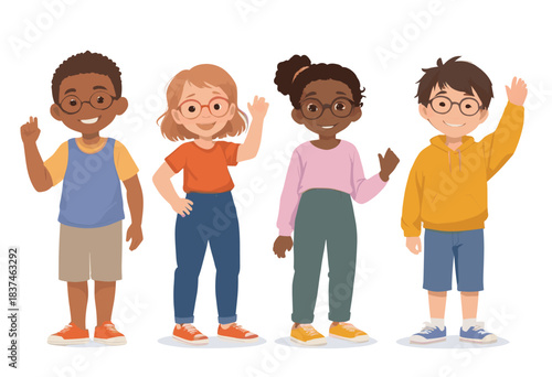 A diverse group of four cute cartoon children characters, including two boys and two girls of different ethnicities, standing and posing happily on a white background.