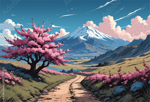 Breathtaking landscape vector illustration featuring a blooming pink cherry blossom tree beside a winding dirt path leading toward a majestic snow-capped mountain resembling Mount Fuji, anime style.