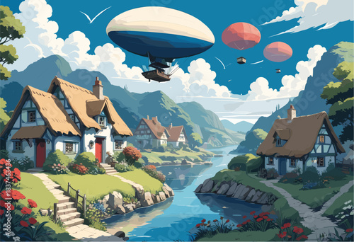 Whimsical fantasy landscape vector illustration featuring a charming riverside village with thatched cottages, green hills, and majestic airships floating in a blue cloudy sky