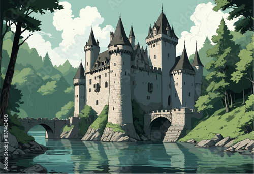 Fairytale medieval castle vector illustration featuring a stone arched bridge crossing a river moat, surrounded by lush pine forest and mountains, designed in a colorful comic book art style