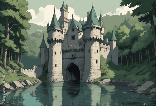 Majestic medieval stone castle vector illustration featuring tall turrets with teal roofs, a large arched entrance, and a reflective river moat surrounded by lush green forest