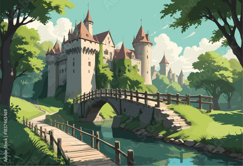 Whimsical medieval castle vector illustration depicting a stone fortress with red roofs, a wooden bridge crossing a calm river, and lush green trees in a scenic comic book style