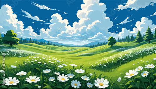 Idyllic summer landscape vector illustration featuring a lush green meadow filled with white chamomile flowers, rolling hills, pine trees, and fluffy clouds in a bright blue sky, comic style.