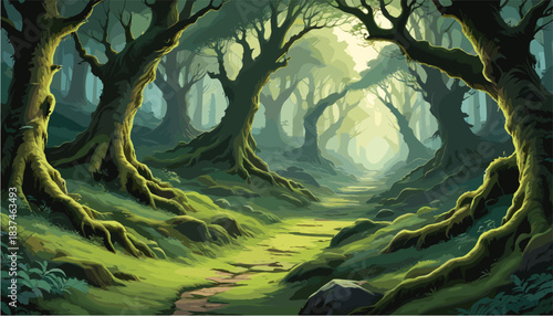 Enchanting forest landscape vector illustration featuring a winding dirt path leading through ancient mossy trees with sunlight filtering through the canopy, designed in an atmospheric comic book art 