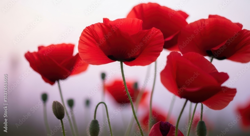 Naklejka premium Vibrant Red Poppies Blooming in Soft Morning Light