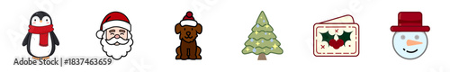 Six adorable cartoon Christmas and winter icons are presented in a cheerful horizontal illustration, featuring a penguin, Santa, dog, tree, card, and snowman